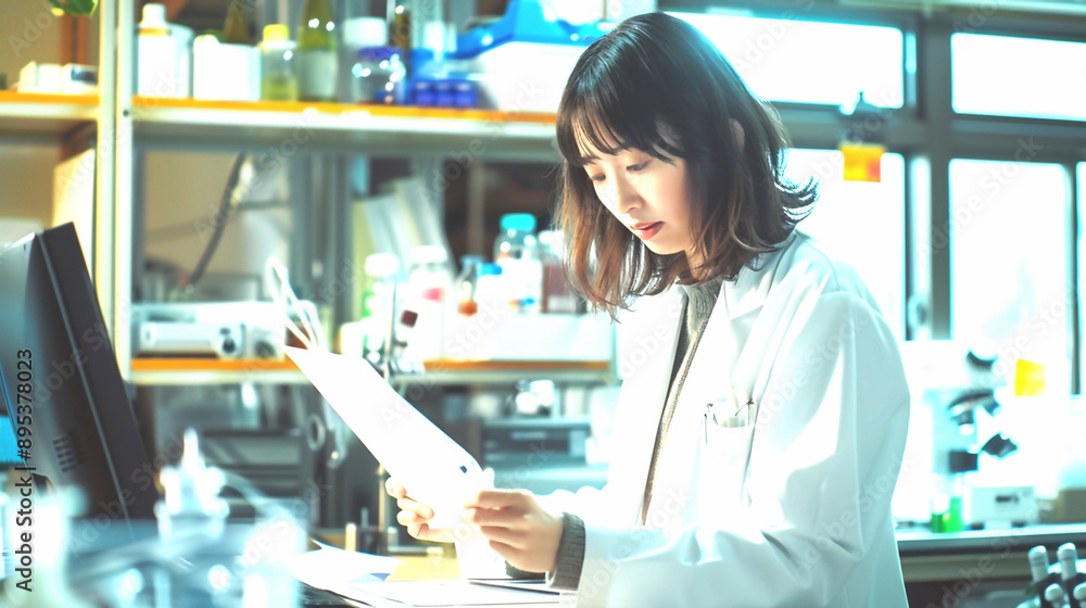 A meticulous Japanese scientist, wearing a neat lab coat and cardigan, organizing research documents in the lab. The laboratory environment is clean and modern, with her workspace neatly arranged with A meticulous Japanese scientist, wearing a neat lab coat and cardigan, organizing research documents in the lab. The laboratory environment is clean and modern, with her workspace neatly arranged with