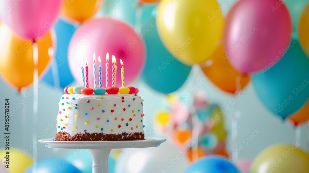 A birthday cake with candles on it is surrounded by colorful balloons A birthday cake with candles on it is surrounded by colorful balloons