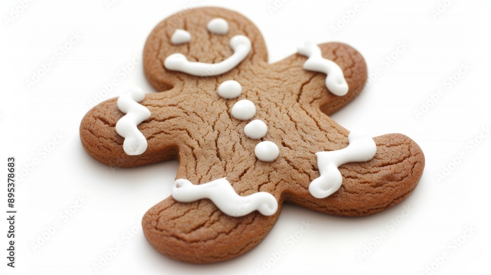 A gingerbread man cookie with white icing and smile on his face A gingerbread man cookie with white icing and smile on his face