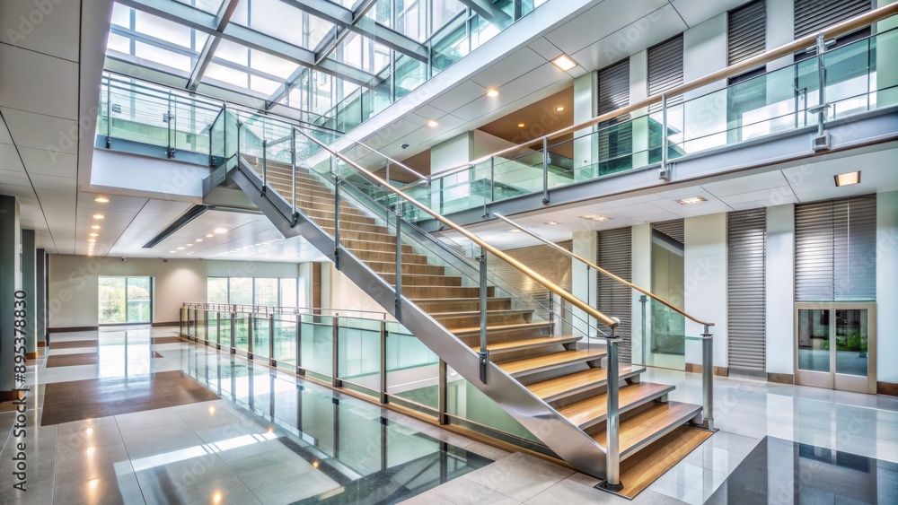 Obraz premium Modern staircase with metallic handrails and glass sides connecting floors in a large institutional building with stark white walls.