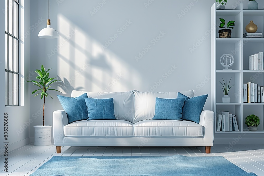 Obraz premium Minimalist living room interior with sofa and bookshelves in modern home. White walls and blue accents, ultra-realistic design concept.