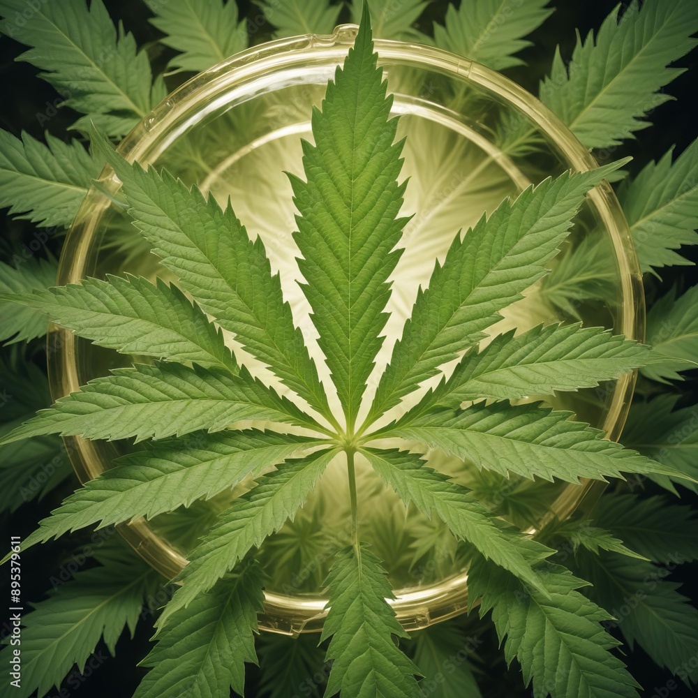 A large green cannabis leaf with detailed texture and lighting effects, surrounded by a glowing green circular frame with sparks and energy effects A large green cannabis leaf with detailed texture and lighting effects, surrounded by a glowing green circular frame with sparks and energy effects