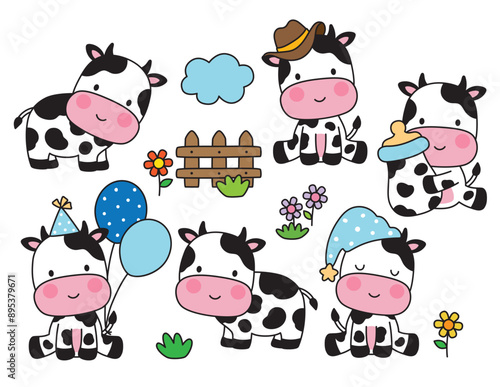Vector illustration of cute baby boy cow cartoon in various poses.
