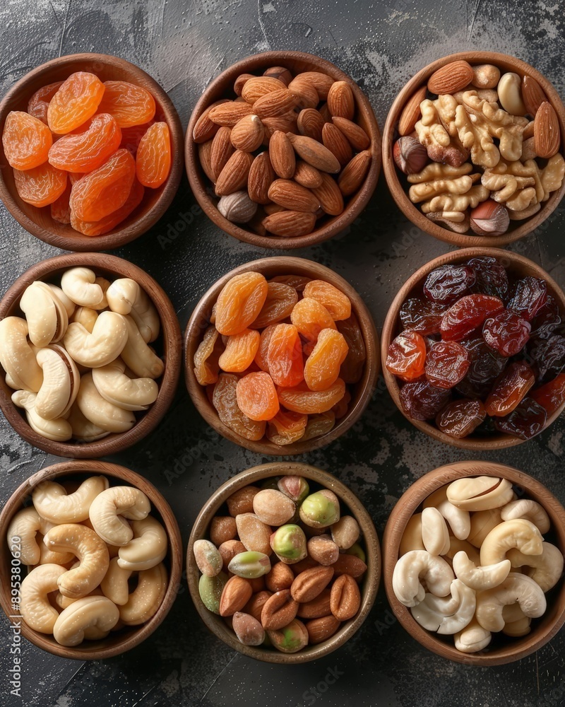 A variety of nuts and dried fruits in small bowls, Close-up, top-down view, warm and natural tones, highly detailed A variety of nuts and dried fruits in small bowls, Close-up, top-down view, warm and natural tones, highly detailed