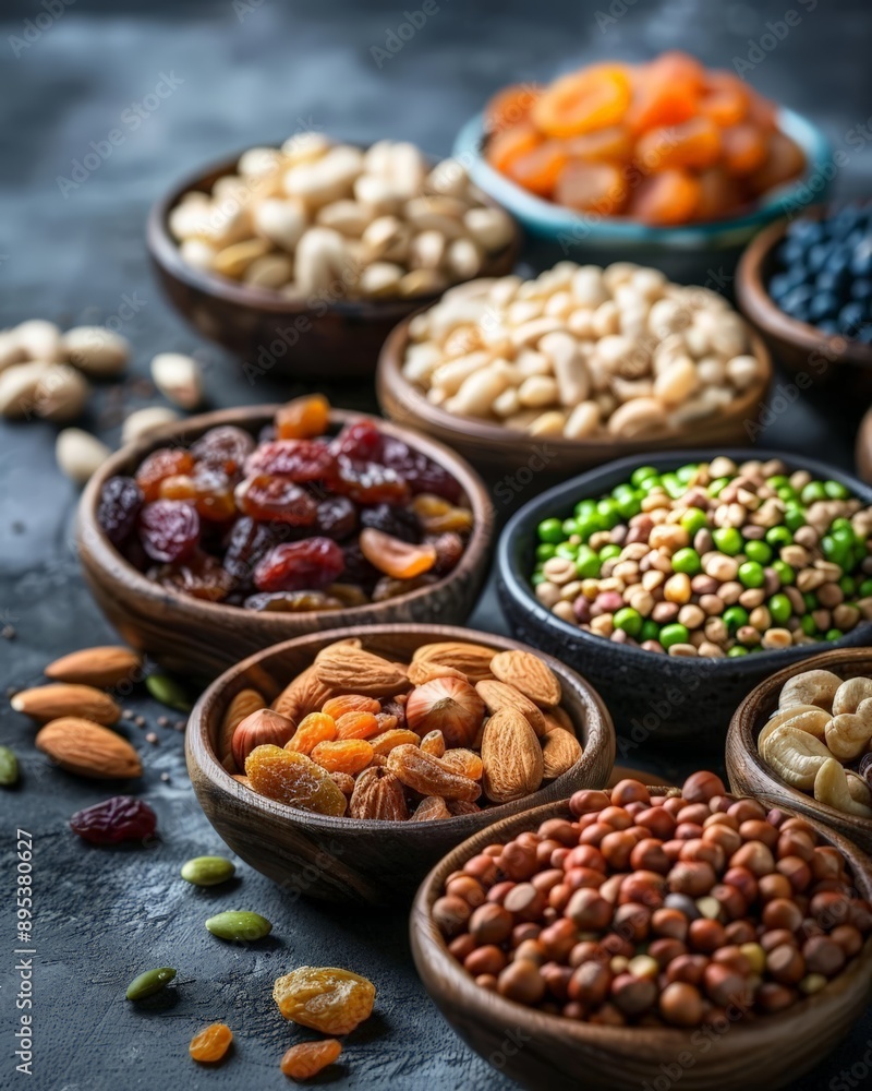 A variety of nuts and dried fruits in small bowls, Close-up, top-down view, warm and natural tones, highly detailed A variety of nuts and dried fruits in small bowls, Close-up, top-down view, warm and natural tones, highly detailed