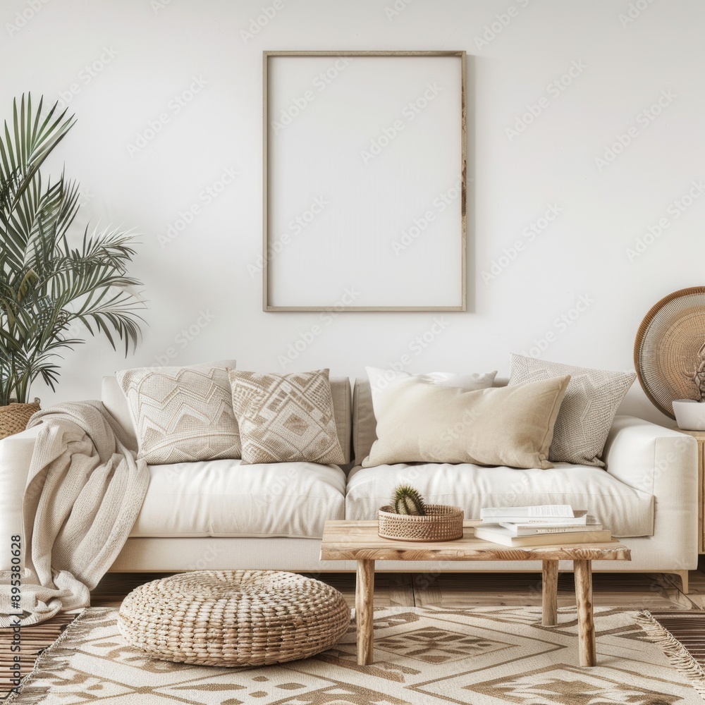 Cozy Living Room Interior with Wooden Coffee Table, Cushioned Sofa and Blank Frame Mockup Cozy Living Room Interior with Wooden Coffee Table, Cushioned Sofa and Blank Frame Mockup
