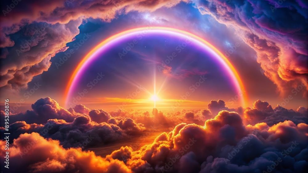 Vibrant neon clouds surrounded by a radiant rainbow halo, set against a mesmerizing dark violet and orange luminous atmospheric background. Vibrant neon clouds surrounded by a radiant rainbow halo, set against a mesmerizing dark violet and orange luminous atmospheric background.