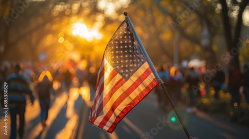 American flag waving at a crowded outdoor event photo