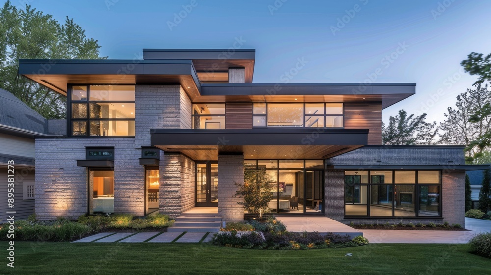 Modern two-story house with large windows and garden Modern two-story house with large windows and garden