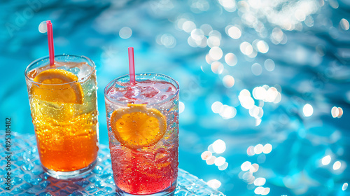 Poolside Refreshment: Vibrant cocktails sparkle poolside, promising a taste of paradise. 