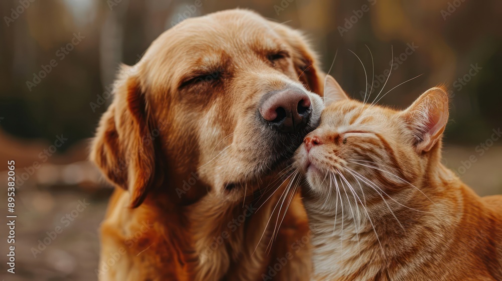 Dog enjoying a head scratch from a friendly orange tabby cat Dog enjoying a head scratch from a friendly orange tabby cat