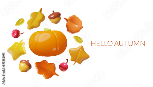 Hello autumn minimal banner with 3d vector nature icons collection - pumpkin, acorns, leaves and berries. Cute toy three dimensional botanical design elements set on white background.