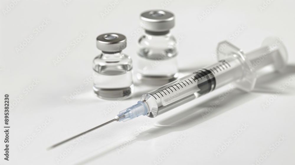 Syringe and vial on a white background, representing medical and healthcare concepts Syringe and vial on a white background, representing medical and healthcare concepts