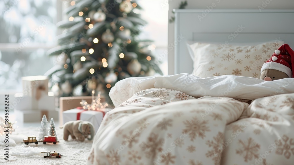 A child's bedroom transformed into a winter wonderland with a Christmas tree and toys. A child's bedroom transformed into a winter wonderland with a Christmas tree and toys.