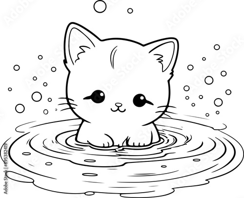 Personnage chat, chaton amusant dessin au trait line art  vecteur isolé pour page, livre d'activité et coloriage 