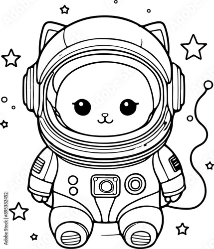 Personnage chat, chaton dans l'espace  amusant dessin au trait line art  vecteur isolé pour page, livre d'activité et coloriage 
