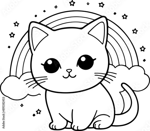 Personnage chat, chaton arc en ciel amusant dessin au trait line art  vecteur isolé pour page, livre d'activité et coloriage 