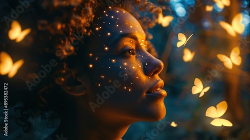 luminous butterflies emerging flying from head of woman to sky in night forest