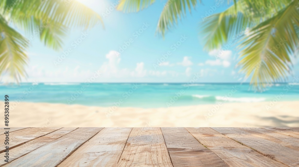 Tropical Beach with Wooden Tabletop, Product Display Background Tropical Beach with Wooden Tabletop, Product Display Background