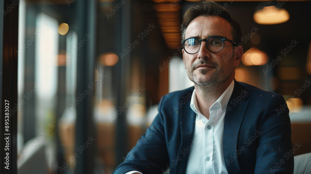 A man in a suit and glasses is sitting in a restaurant A man in a suit and glasses is sitting in a restaurant