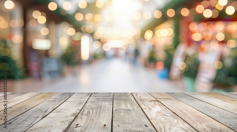 Wooden Tabletop With Blurred Festive Market Background. Wooden Tabletop With Blurred Festive Market Background.
