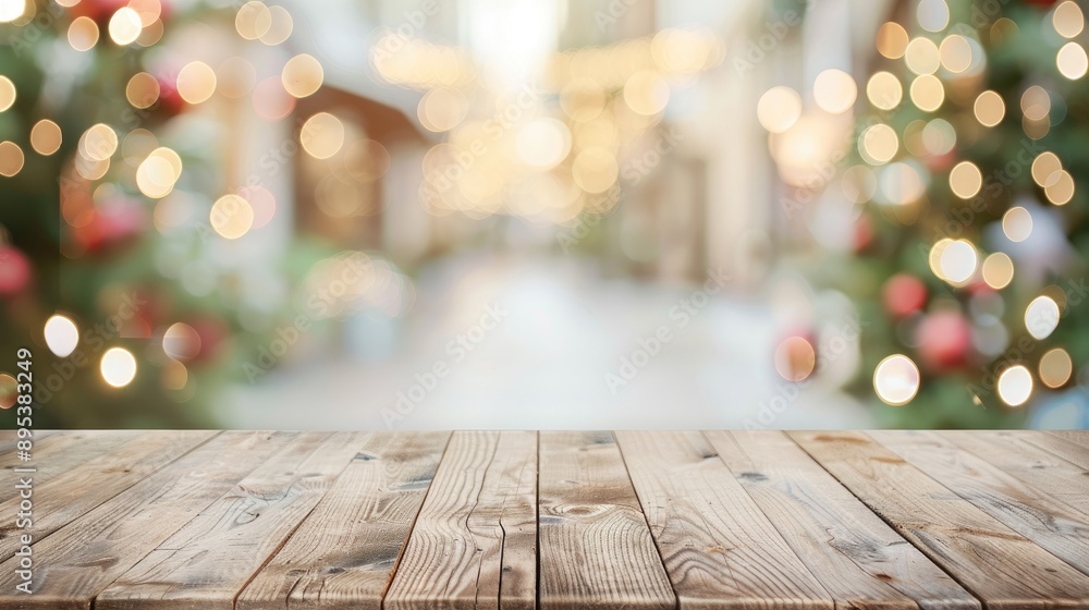 Wooden Table with Blurred Christmas Lights Background. Wooden Table with Blurred Christmas Lights Background.