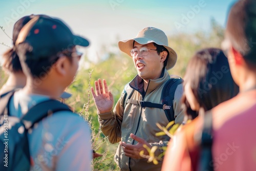 Asian tour guide discussing local wildlife with a group of travelers, Generative AI