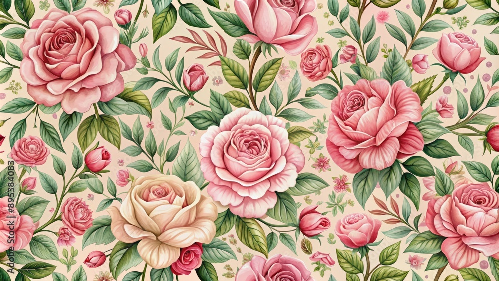 Whimsical seamless pink floral pattern featuring intricately illustrated roses, leaves, and blossoms on vintage-inspired wedding card design background. Whimsical seamless pink floral pattern featuring intricately illustrated roses, leaves, and blossoms on vintage-inspired wedding card design background.
