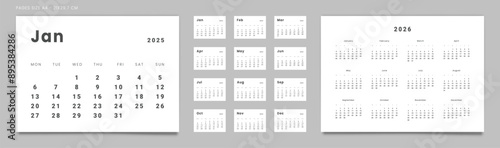 Set of 2025 Pages Monthly Calendar Planner Templates and annual 2026 in minimal style. Vector pages for wall or desk minimalist calendar with week start on Monday for printing. Pages size A4-21x29.7cm