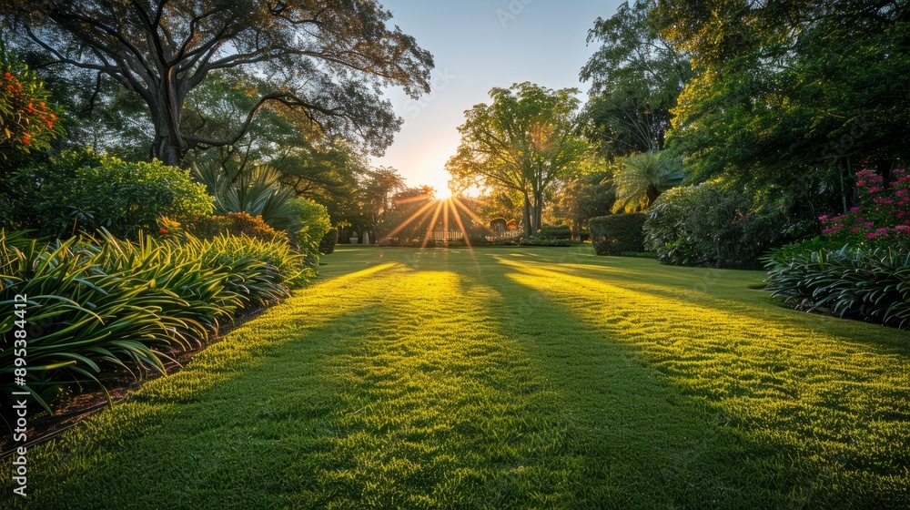 Fototapeta premium Sunset over a beautifully landscaped garden