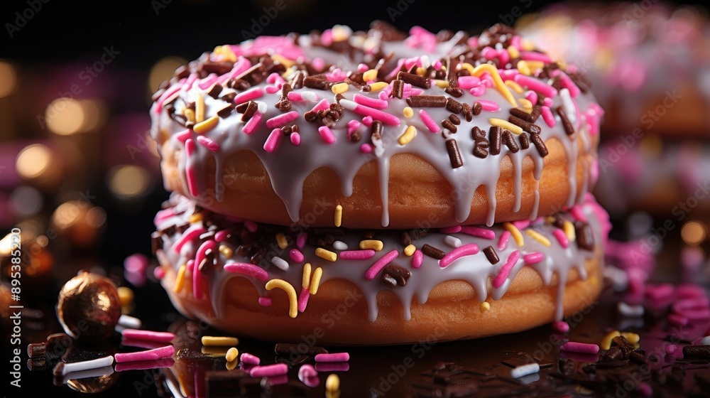 Closeup sweet donuts filled with melted chocolate and sprinkles with a blurred background Closeup sweet donuts filled with melted chocolate and sprinkles with a blurred background