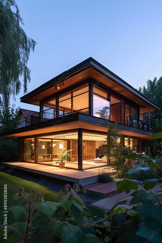 Fototapeta premium Modern Wooden House with Large Windows