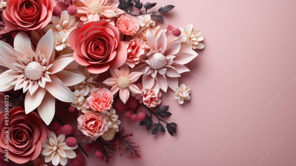 top view of beautiful flowers on pink background for valentine banner or poster top view of beautiful flowers on pink background for valentine banner or poster