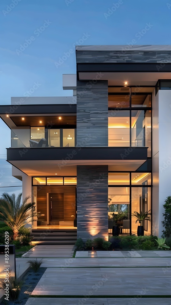 Fototapeta premium Modern Home Exterior Design With Stone Wall And Balcony