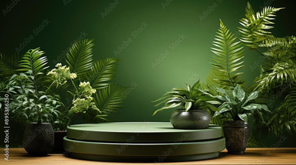 podium product stand or display with leaf, green background and cinematic light podium product stand or display with leaf, green background and cinematic light