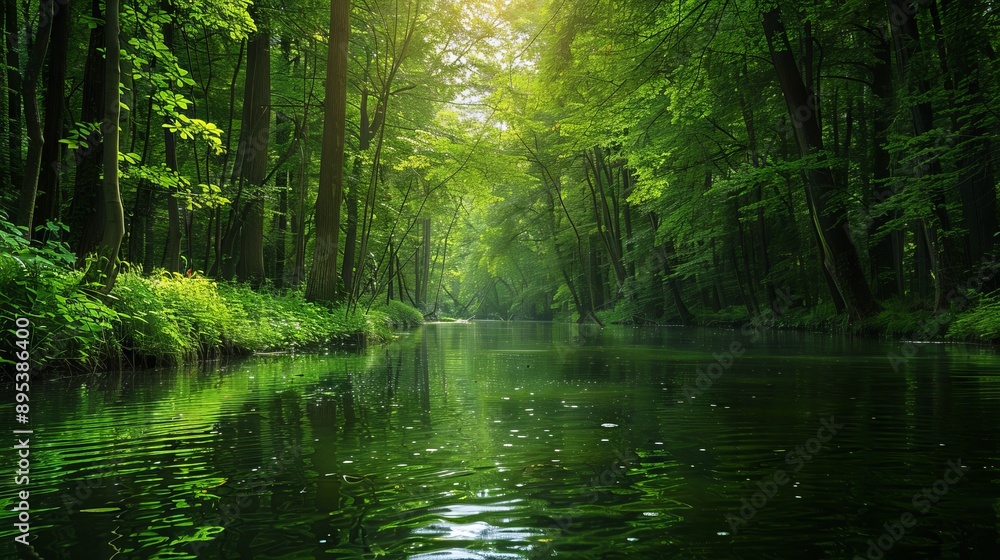 Tranquil forest river with lush green trees