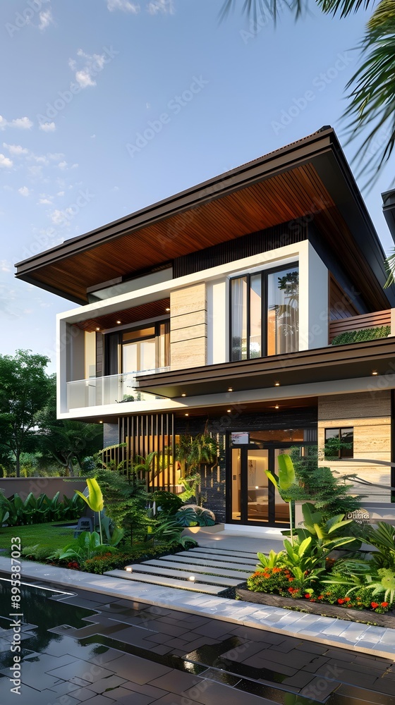 Fototapeta premium Modern House Exterior with Swimming Pool and Landscaping