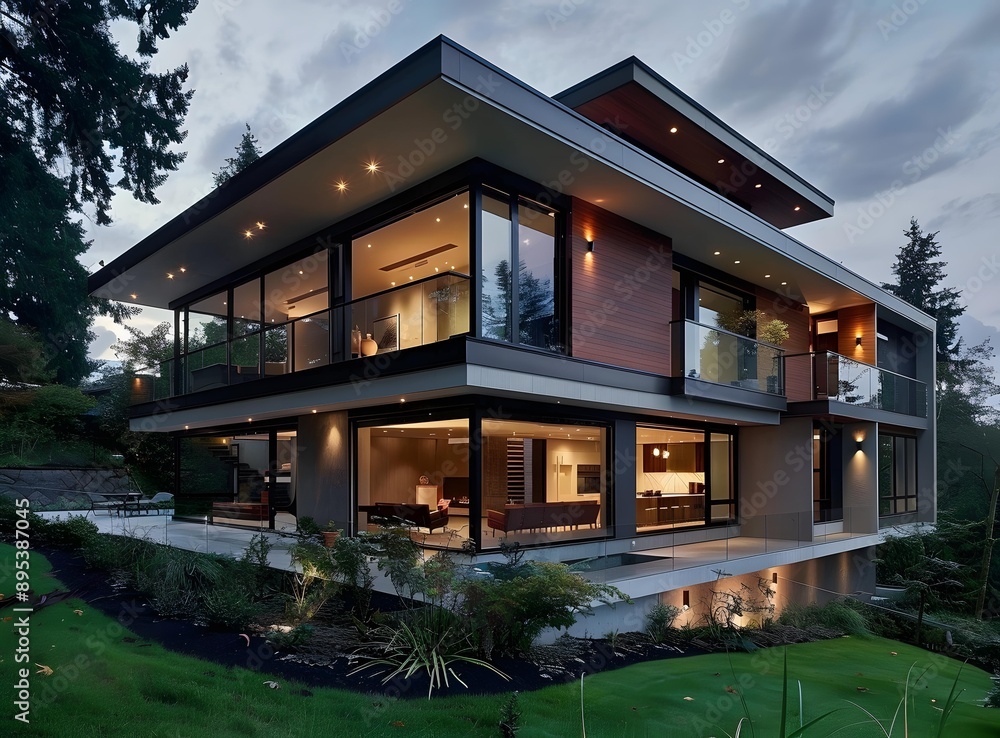 Modern House with Large Windows and a Landscaped Yard Modern House with Large Windows and a Landscaped Yard