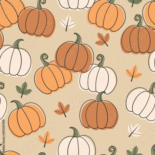 Pumpkin patch seamless pattern October autumn fall season nature illustration wallpaper background backdrop decorative textile print fancy design