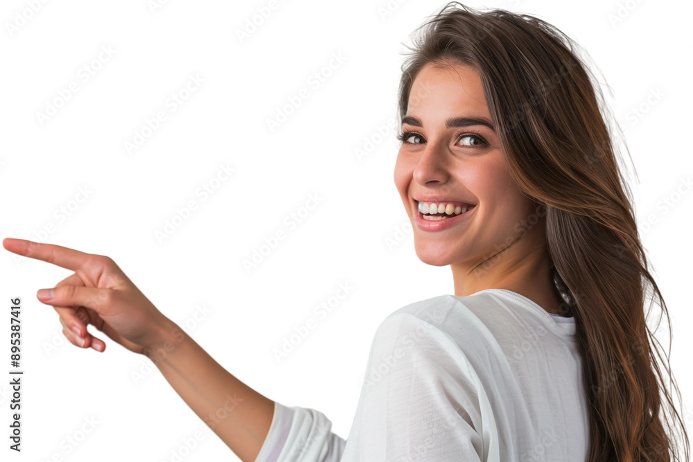 Woman smiling and pointing at copy space on side,PNG,transparent background,clipart. Woman smiling and pointing at copy space on side,PNG,transparent background,clipart.