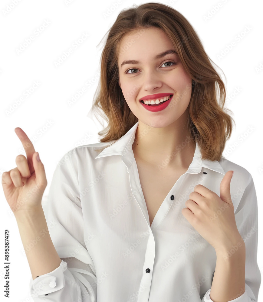 Woman smiling and pointing at copy space on side,PNG,transparent background,clipart. Woman smiling and pointing at copy space on side,PNG,transparent background,clipart.