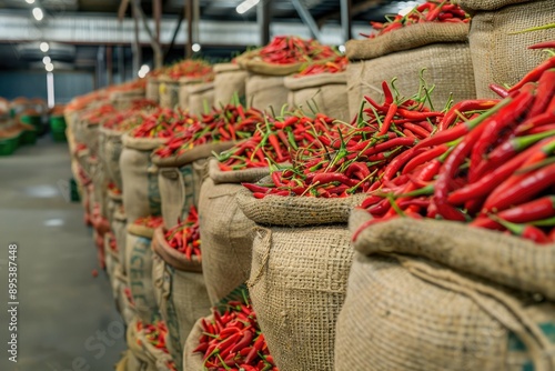 Large storage facilities filled with sacks or bins of harvested chili peppers, showcasing the scale of raw material management