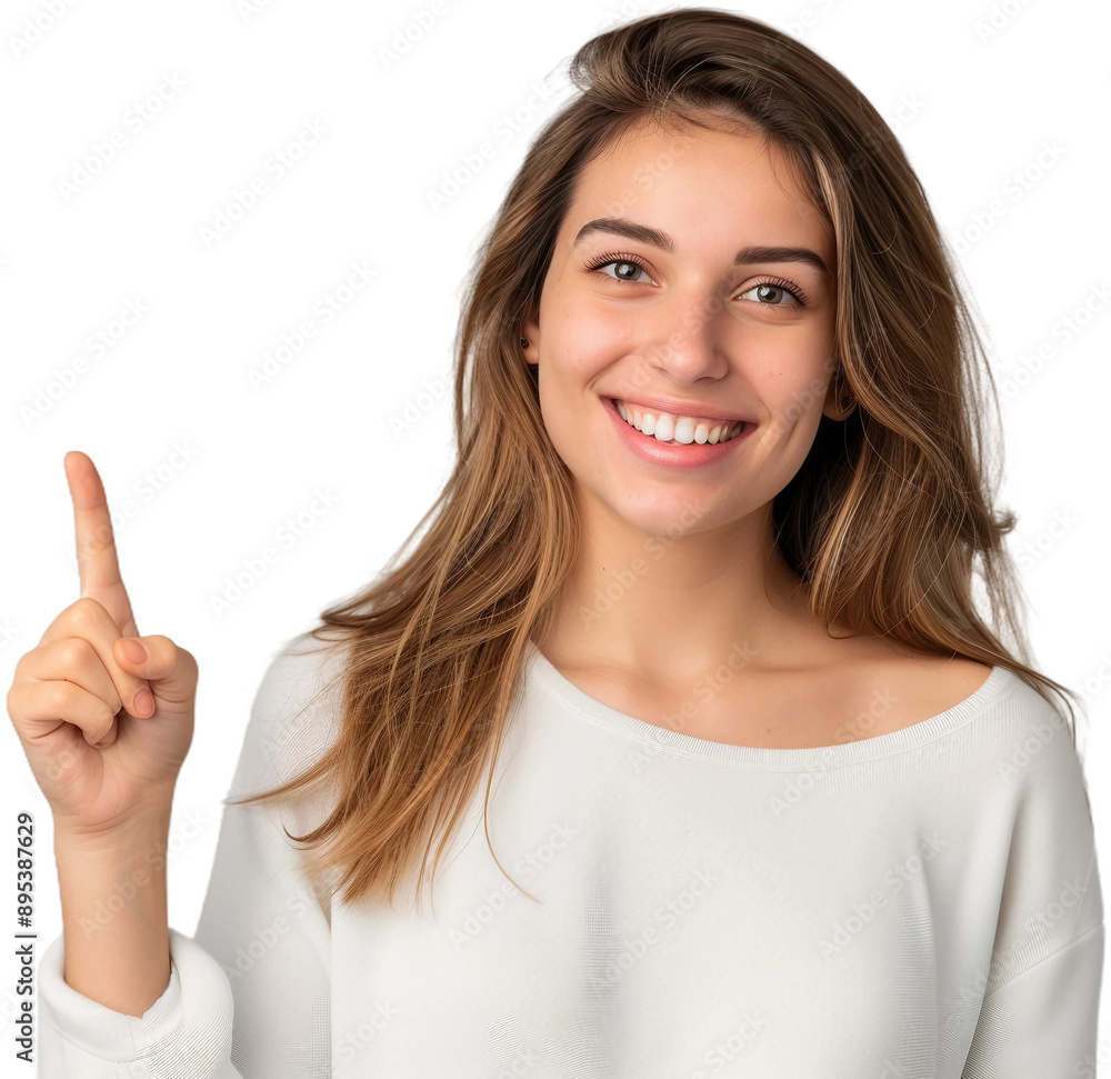 Woman smiling and pointing at copy space on side,PNG,transparent background,clipart. Woman smiling and pointing at copy space on side,PNG,transparent background,clipart.
