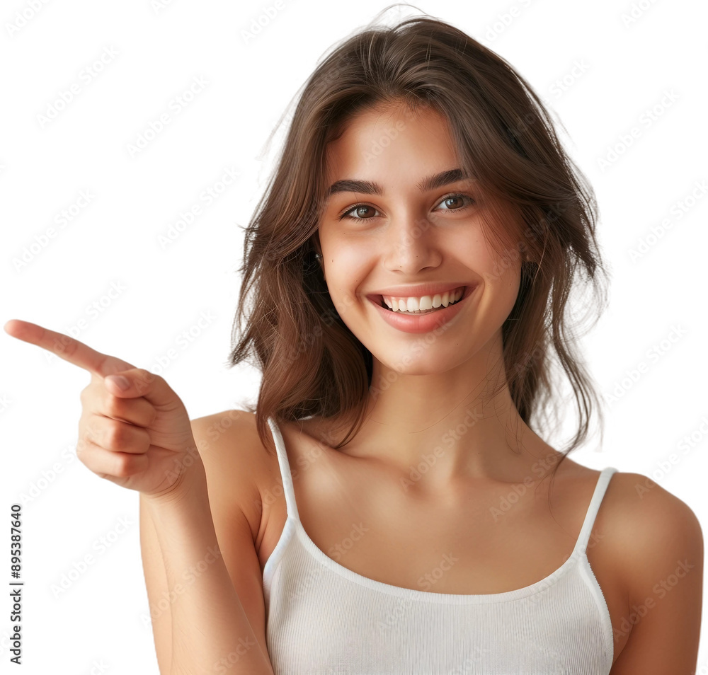 Woman smiling and pointing at copy space on side,PNG,transparent background,clipart. Woman smiling and pointing at copy space on side,PNG,transparent background,clipart.