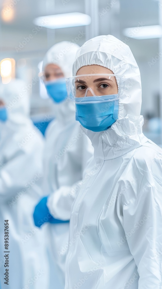 Engineers in a cleanroom assembling microchips, electronics, technology Engineers in a cleanroom assembling microchips, electronics, technology