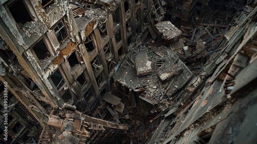 A close-up shot of a fallen cityscape, highlighting the sharp details of a collapsed building and the surrounding debris. The image captures the raw, gritty essence of the city's demise A close-up shot of a fallen cityscape, highlighting the sharp details of a collapsed building and the surrounding debris. The image captures the raw, gritty essence of the city's demise
