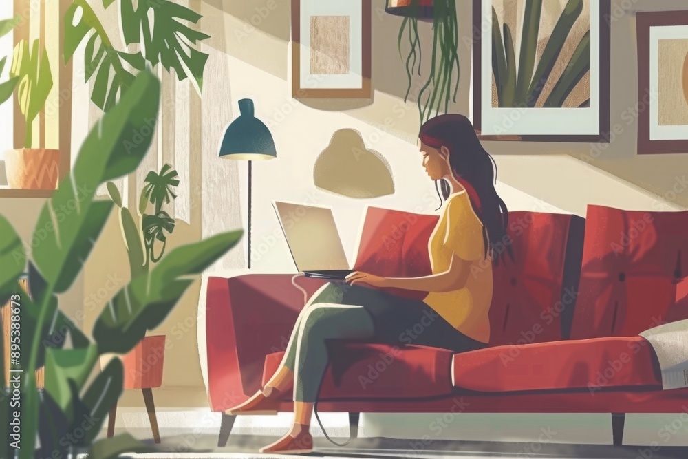 Fototapeta premium Woman Working on Laptop in Cozy Living Room
