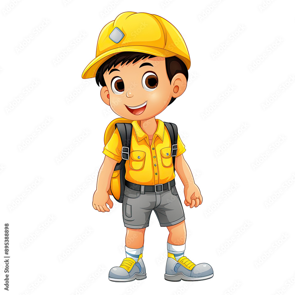 An illustration of a boy wearing a yellow cap, standing An illustration of a boy wearing a yellow cap, standing