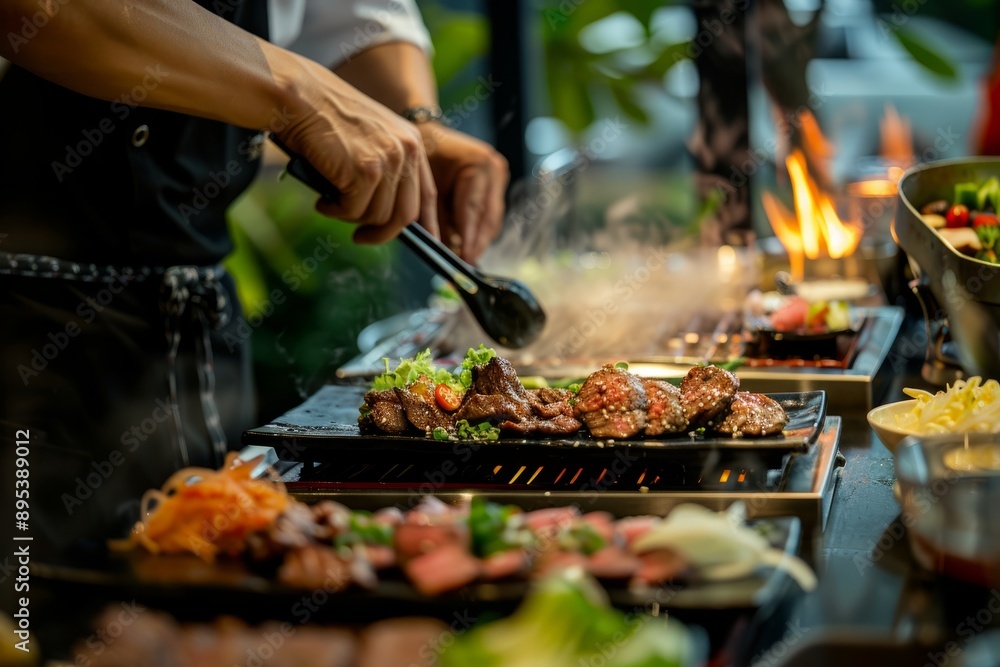 Naklejka premium Asian chef plating a traditional Korean barbecue dish, Generative AI