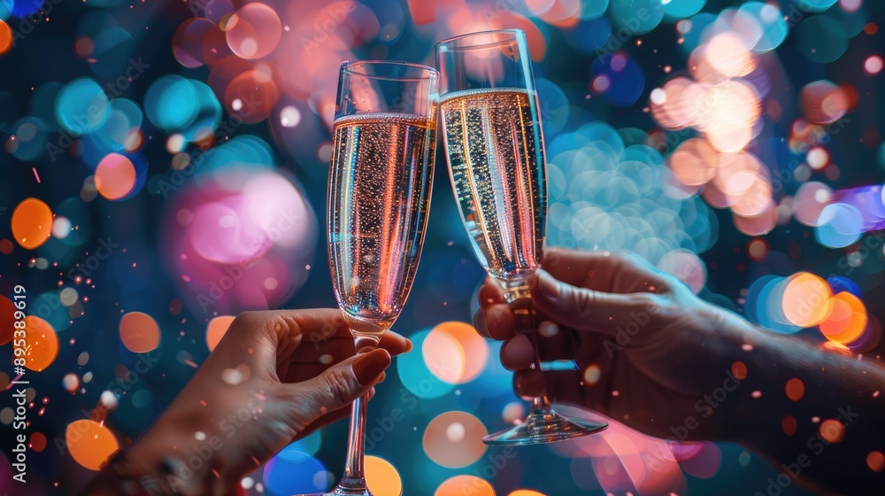 Celebratory Toast with Champagne Glasses Celebrating Special Occasions in a Vibrant Bokeh Background Celebratory Toast with Champagne Glasses Celebrating Special Occasions in a Vibrant Bokeh Background